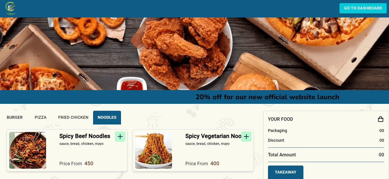 Digital Menu customer screen with food categories, menu items and an order cart